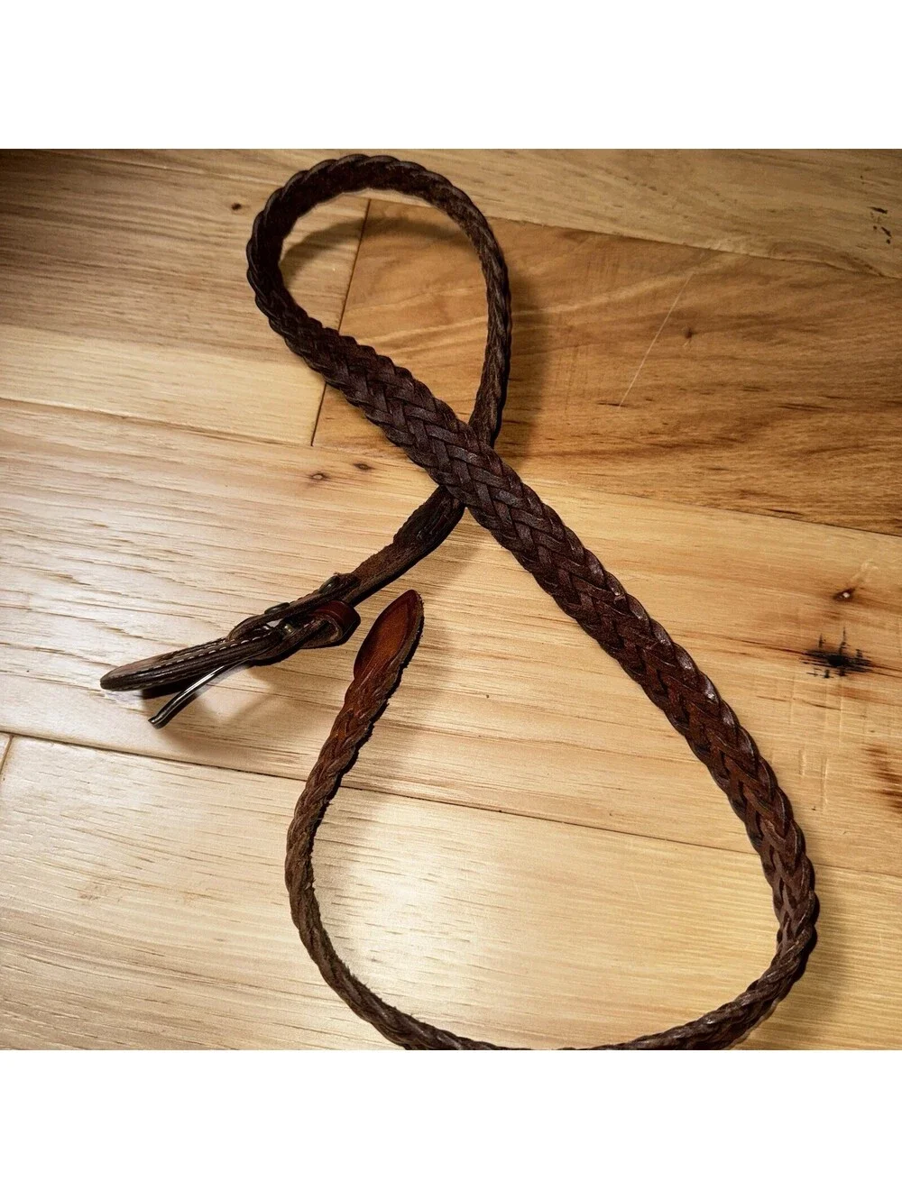 Vintage Leegin Braided Leather Belt Western Tooled Buckle Brown Size L 35”